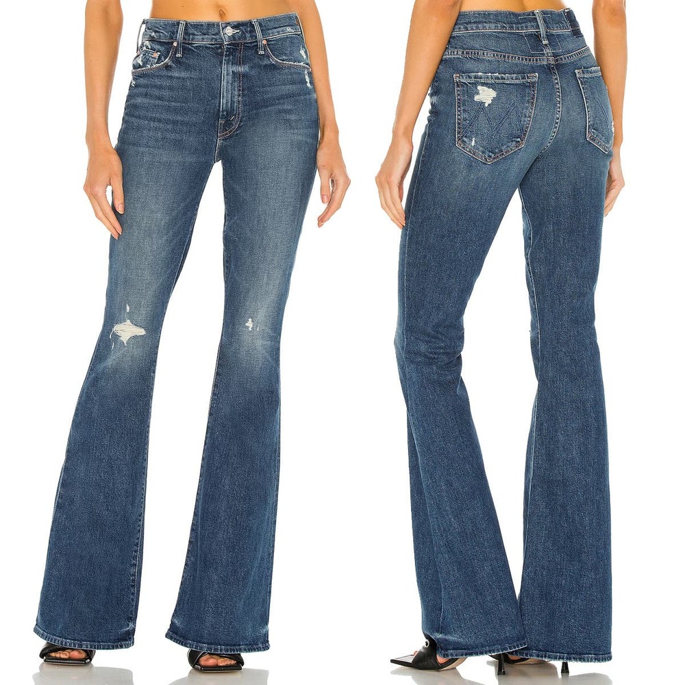 MOTHER Blue Distressed Flare Jeans